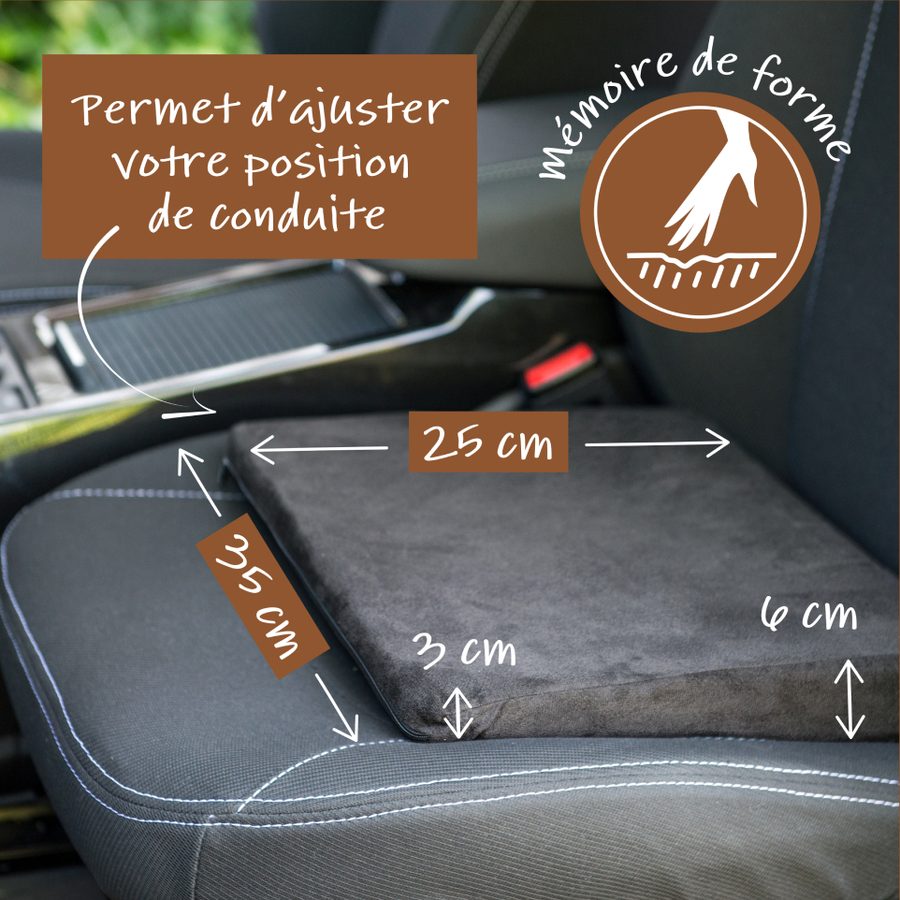 Dimensions du coussin d'assise biseauté : 25 x 35 cm, 3 cm à l'avant et 6 cm à l'arrière